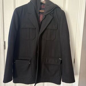 Guess Men's Black Wool Hooded Jacket, size medium